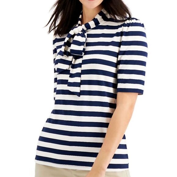 Charter Club Tie Neck Half Sleeve Top Navy Cream Nautical Stripe Women's XS NWT - Picture 1 of 11